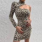 Long-sleeve One-shoulder Leopard Print Mini Sheath Dress