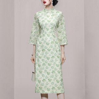 Elbow-sleeve Floral Print Lace Trim A-line Dress