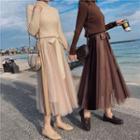Mock-neck Long-sleeve Knit Top / Mesh Midi A-line Skirt