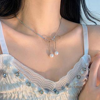 Bow Faux Pearl Pendant Alloy Necklace Pendant - Bow Faux Pearl - Silver - One Size