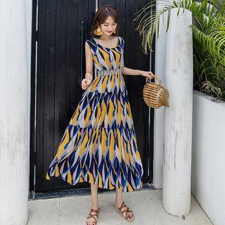 Striped Sleeveless Midi Chiffon Dress Stripes - Yellow - One Size