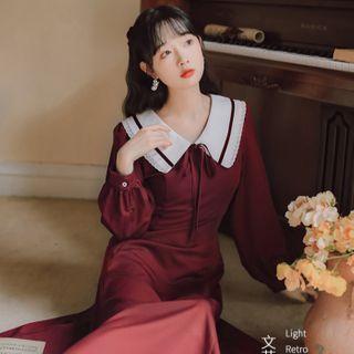 Bow Lapel Long-sleeve Dress