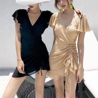 Short-sleeve Drawcord Frill Trim Swimdress