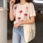 Short-sleeve Flower T-shirt As Shown In Figure - One Size