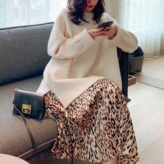 Set: Sweater + Animal Print A-line Midi Skirt Set - Sweater - Beige - One Size / Skirt - Leopard - One Size
