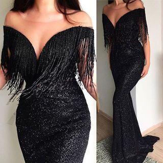 Strapless Sequin Fringed Trim Mermaid Evening Gown