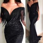 Strapless Sequin Fringed Trim Mermaid Evening Gown