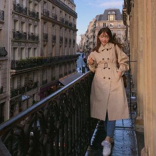Puff-sleeve Double-breasted Long Trench Coat With Belt Beige - One Size