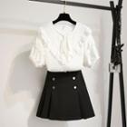 Set: Short-sleeve Ruffle Trim Blouse + Mini Pleated Skirt