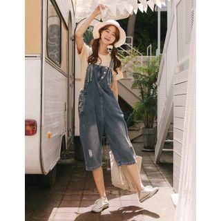 Distressed Cropped Overall Jeans Blue - One Size