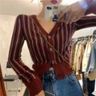 Striped Cropped Knit Cardigan / High-waist Straight-cut Jeans