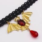 Bat Faux Crystal Pendant Necklace Black & Gold & Red - One Size