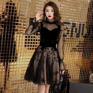 Sleeveless Mesh Panel A-line Dress / Long-sleeve Mesh Top / Set