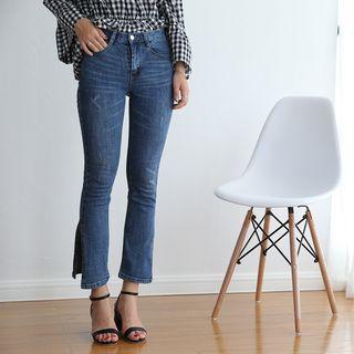 Washed Slit-hem Cropped Jeans