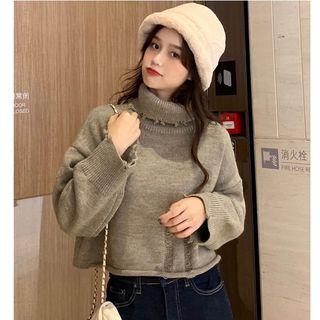 Cropped Distressed Turtleneck Sweater