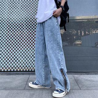 Drawstring Waist Zip-side Straight Leg Jeans