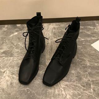 Faux Leather Low-heel Lace-up Short Boots
