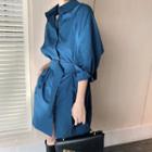 Long-sleeve Plain Buckled Shirt Dress