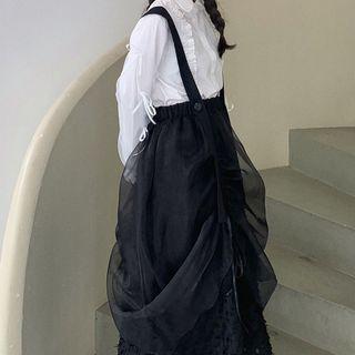 Mesh Overlay Midi A-line Suspender Skirt