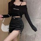 Long-sleeve Lettering Top / Camisole Top / Drawstring Mini Pencil Skirt / Set
