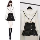 Contrast Trim Flared-sleeve Knit Top / Plaid Mini A-line Skirt / Set