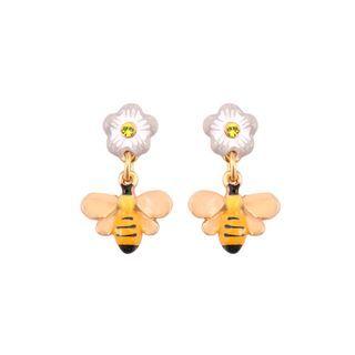 Fashion And Cute Plated Gold Enamel Bee White Flower Stud Earrings With Cubic Zirconia Golden - One Size