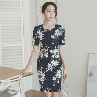 Square-neck Floral Print Sheath Dress