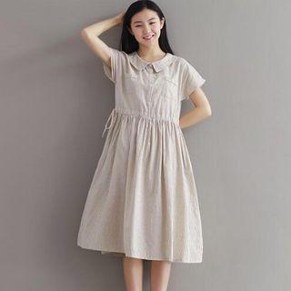 Short Sleeve Pocket Front Striped Midi Dress