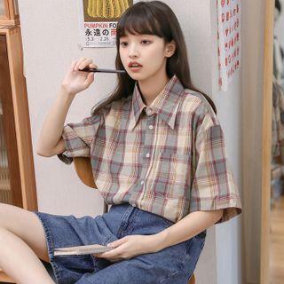 Short-sleeve Plaid Shirt Plaid - Almond & Gray - One Size