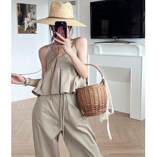 Sleeveless Pleated Crop Top / Drawcord Wide-leg Pants