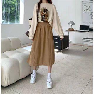 Elastic-waist Corduroy Plain A-line Skirt Caramel - One Size
