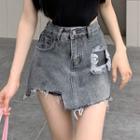 High-waist Frayed Asymmetrical Denim Mini Skirt