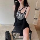 Set: Strappy Checkerboard Panel Mini Bodycon Dress + Arm Sleeves Dress - Checkerboard - Black & White - One Size / Arm Sleeves - Black - One Size