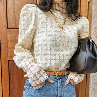 Mockneck Polka-dot Lace Top