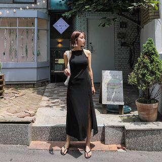 Halter-neck Slit-side Long Dress