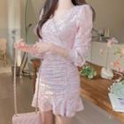 Ruffle-hem Shirred Lace Minidress