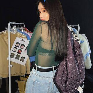 Turtleneck Thumbhole See-through Top