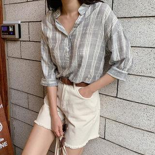 Open-placket Checked Linen Blend Shirt