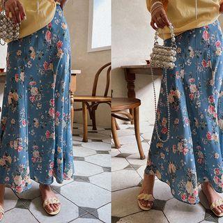 Zip-side Flower Flared Maxi Skirt Sky Blue - One Size