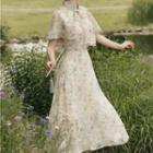 Set: Mandarin Collar Floral Midi A-line Dress + Capelet