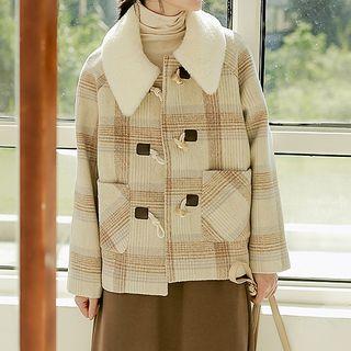 Fleece Collar Plaid Toggle Knit Jacket