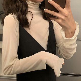 Turtleneck Long-sleeve Chiffon Top As Shown In Figure - One Size