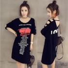 Lettering Cut-out Elbow-sleeve T-shirt Dress