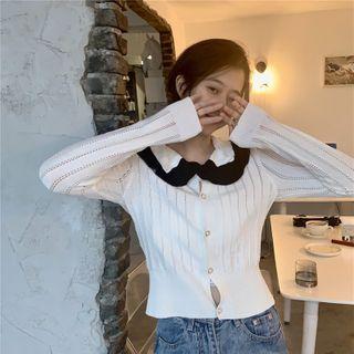 Collared Pointelle Cardigan As Shown In Figure - One Size