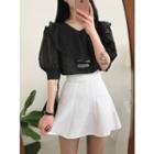Ruffle-collar Puff-sleeve Dotted Blouse Black - One Size