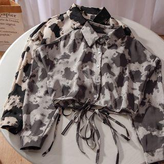 Long-sleeve Tie-dye Drawstring Cropped Blouse