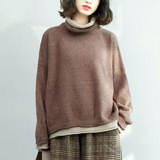 Mock Two-piece Mock Turtleneck Sweater / Plaid Wide Leg Pants