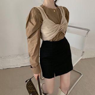 Plain Cropped Camisole / Long-sleeve Plain Blouse