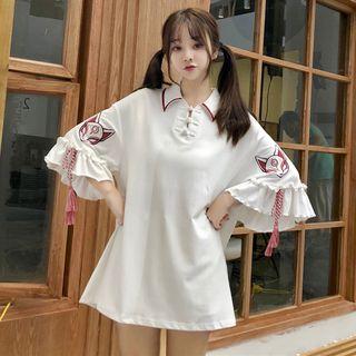 Fox Embroidered Elbow-sleeve Polo Dress