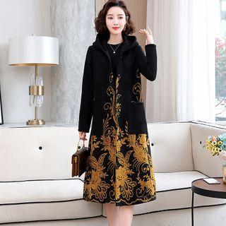 Flower Embroidered Hooded Midi Coat